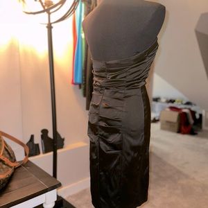 Black satin ruched strapless dress!
